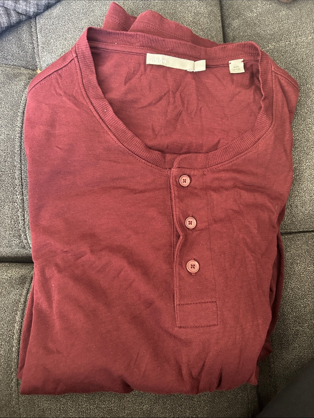 Vince Men's Burgundy Three-Button Henley Long Sleeve